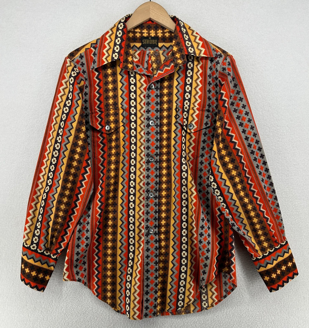 STROBE Shirt Mens M Southwestern Disco Utility Button Up Yellow Orange Vtg 60s